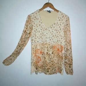 Assoluto M Boho All Over Floral Patchwork Long Sleeved Lined Top Orange Tan